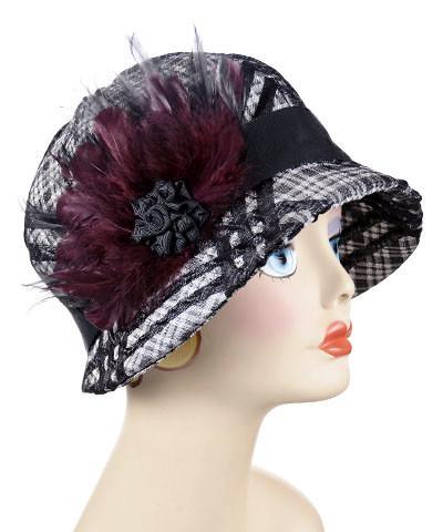 Grace 1920's Style Cloche hat is Silver Plaid Upholstery Fabric with Burgundy and black Feathers featuring  a Black Ribbon Grosgrain Rosette | By Pandemonium Millinery | Seattle WA USA  