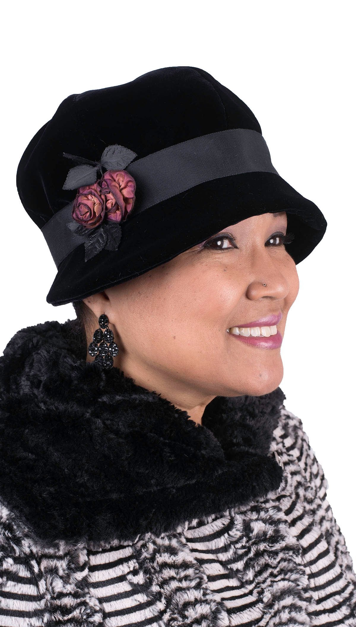 Grace 1920s Cloche Style Hat Velvet in Black with Two Rose Brooch | Handmade By Pandemonium Millinery | Seattle WA USA
