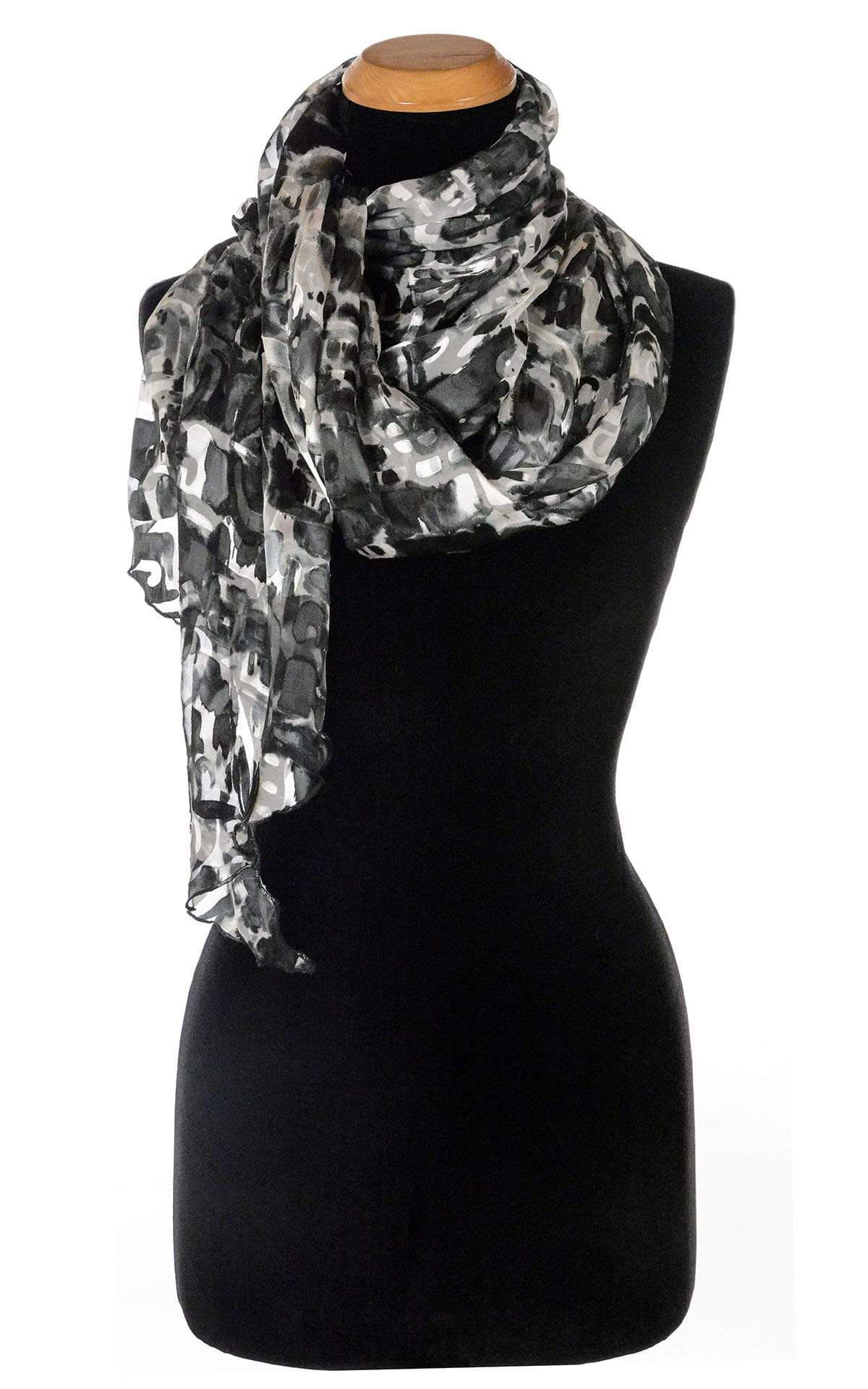 Ladies Large Handkerchief Scarf, Wrap in hand-painted silk on a mannequin shown in side loop | Garden Path in Sand Dollar  black, Gray, and Ivory print | Handmade in Seattle WA | Pandemonium Millinery