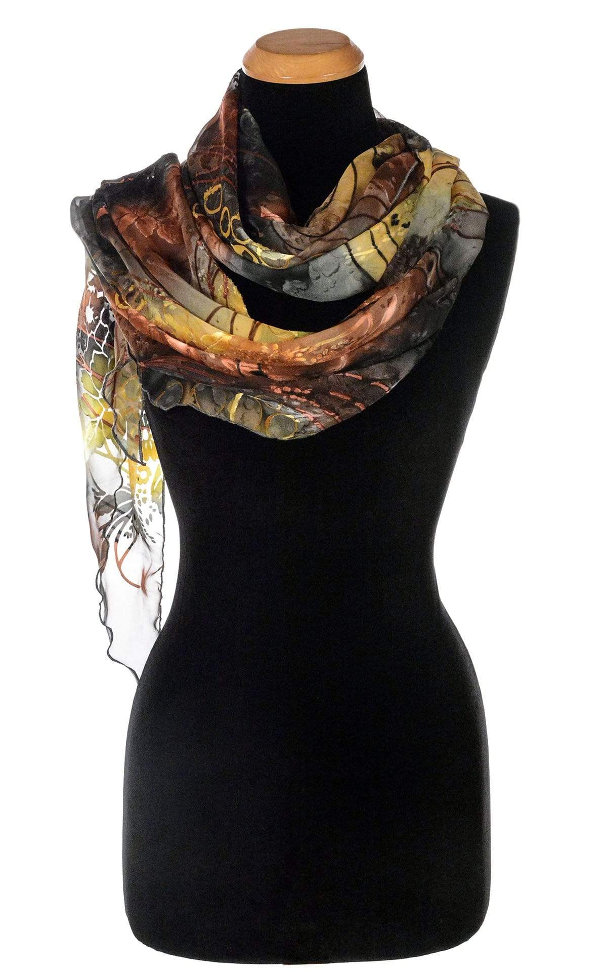 Ladies Large Handkerchief Scarf, Wrap in hand-painted silk on a mannequin | Garden Path in Tiger Lily black, green, rust, yellow, and Gray | Handmade in Seattle WA | Pandemonium Millinery
