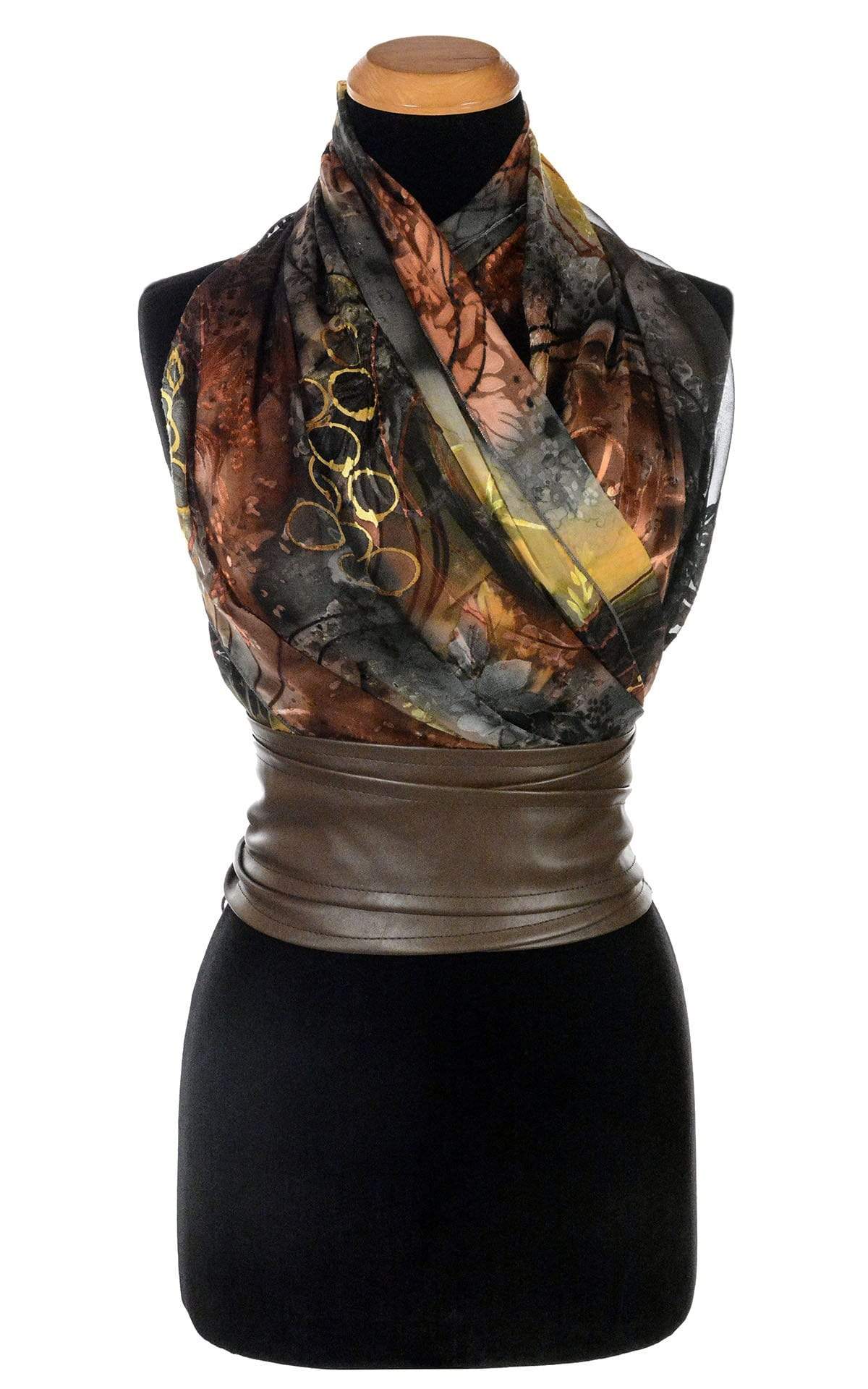 Women’s Large Handkerchief Scarf, Wrap in hand-painted silk on a mannequin with Obi Belt wrapped around it | Garden Path in Tiger Lily black, green, rust, yellow, and Gray | Handmade in Seattle WA | Pandemonium Millinery