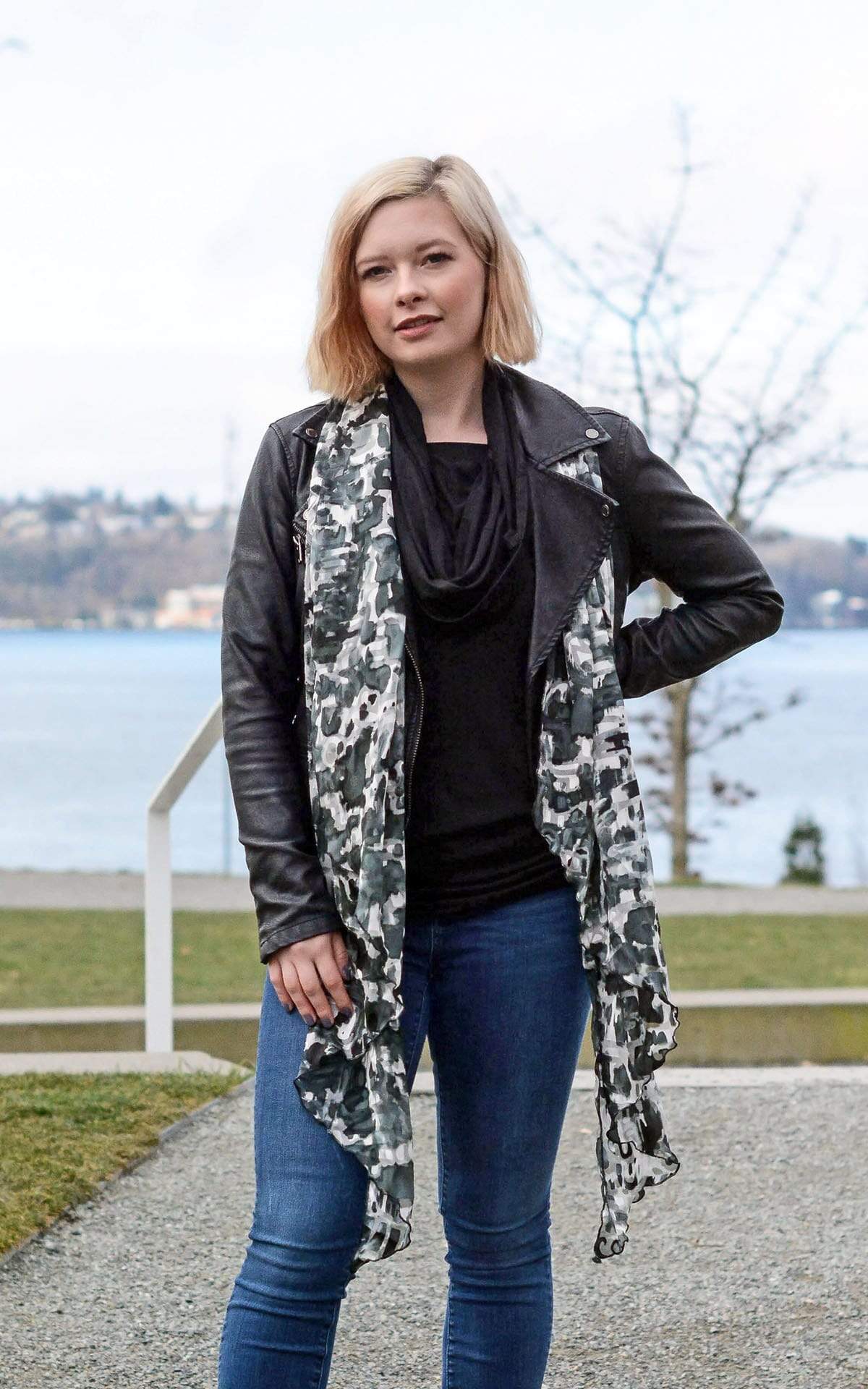 Women standing in front of Puget Sound wearing Large Handkerchief Scarf, Wrap in hand-painted silk | Garden Path in Sand Dollar  black, Gray and Ivory print | Handmade in Seattle WA | Pandemonium Millinery