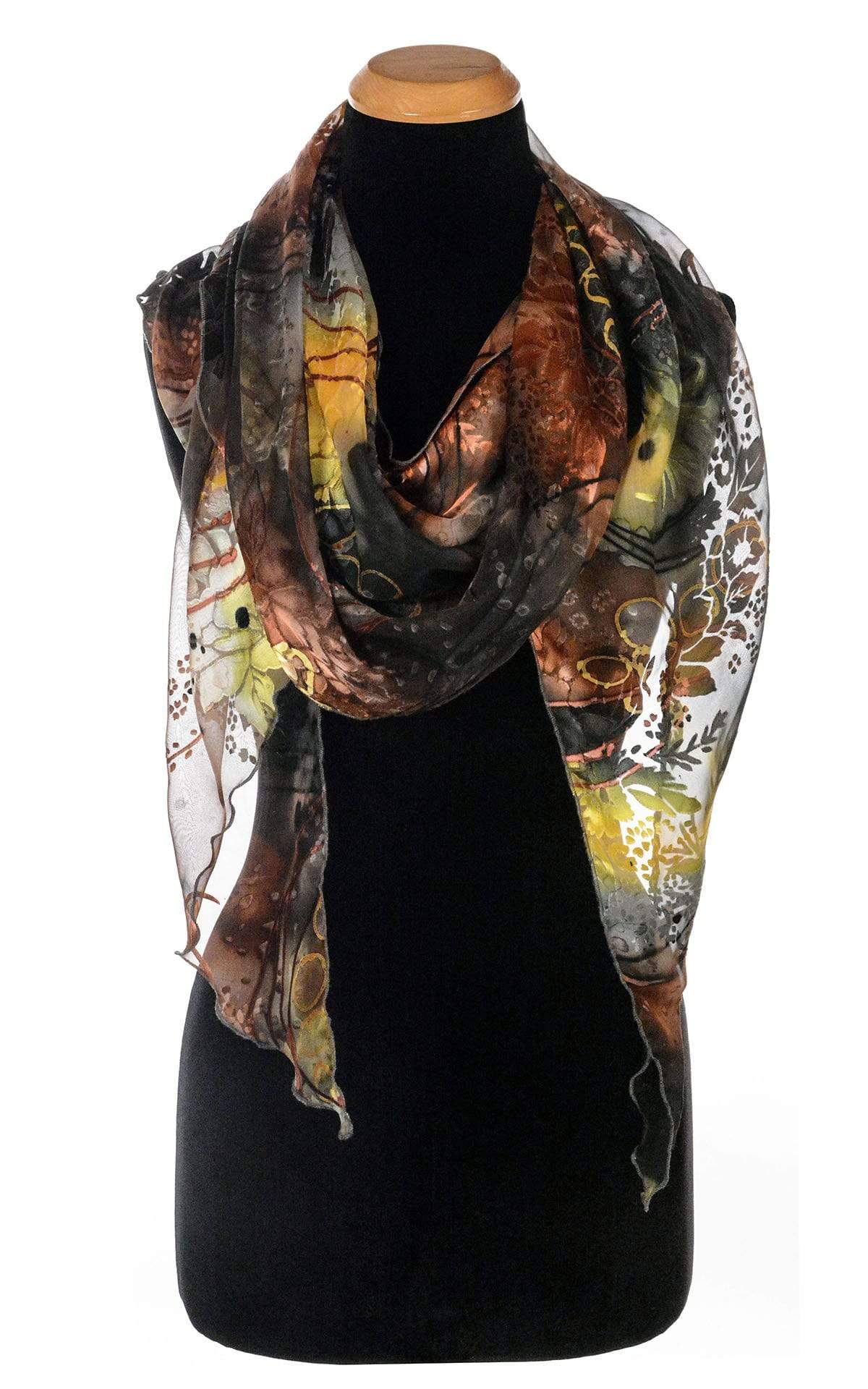 Women’s Large Handkerchief Scarf, Wrap in hand-painted silk on mannequin | Garden Path in Tiger Lily black, green, rust, yellow, and Gray | Handmade in Seattle WA | Pandemonium Millinery