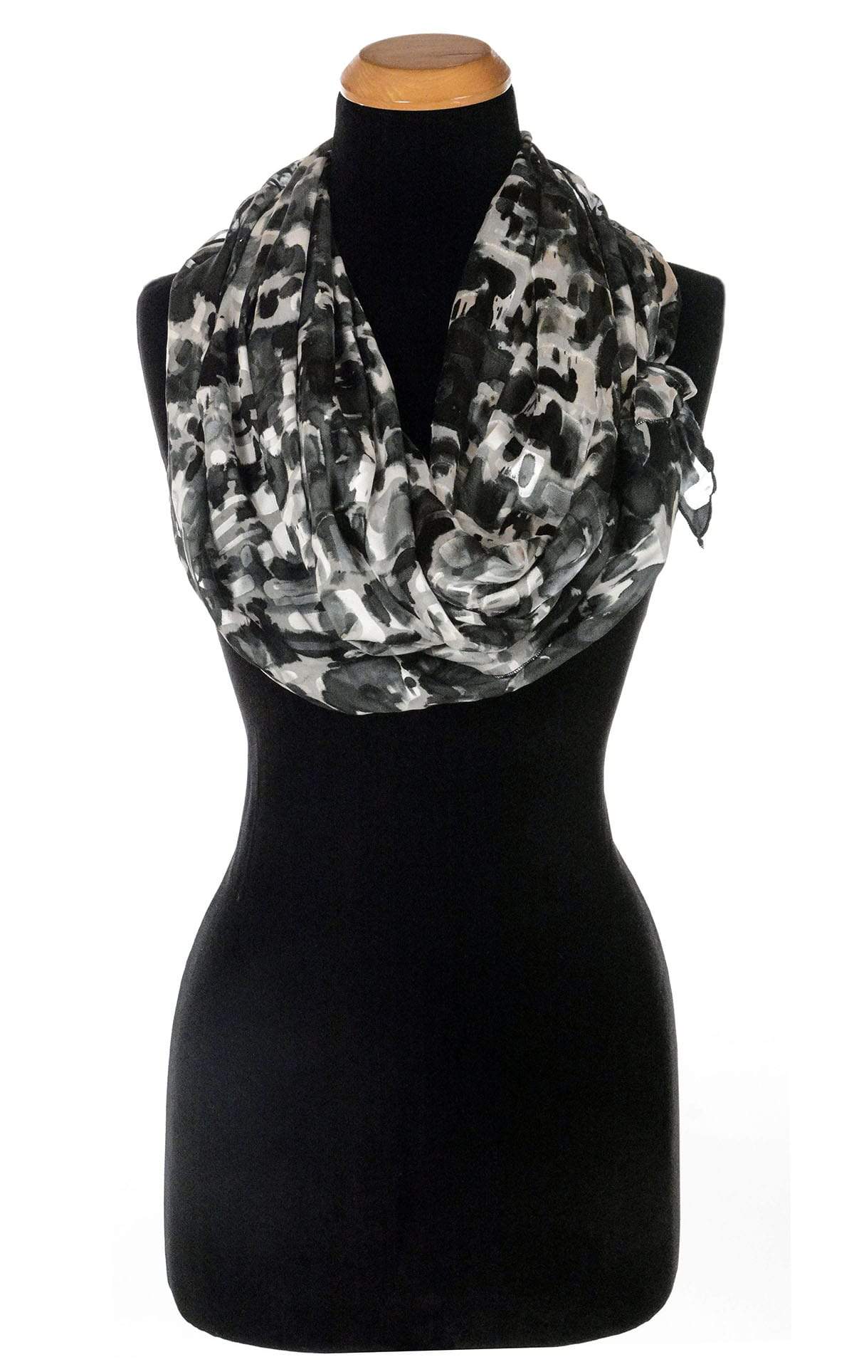 Ladies Large Handkerchief Scarf, Wrap in hand-painted silk on a mannequin wrapped twice | Garden Path in Sand Dollar black, Gray, and Ivory print | Handmade in Seattle WA | Pandemonium Millinery