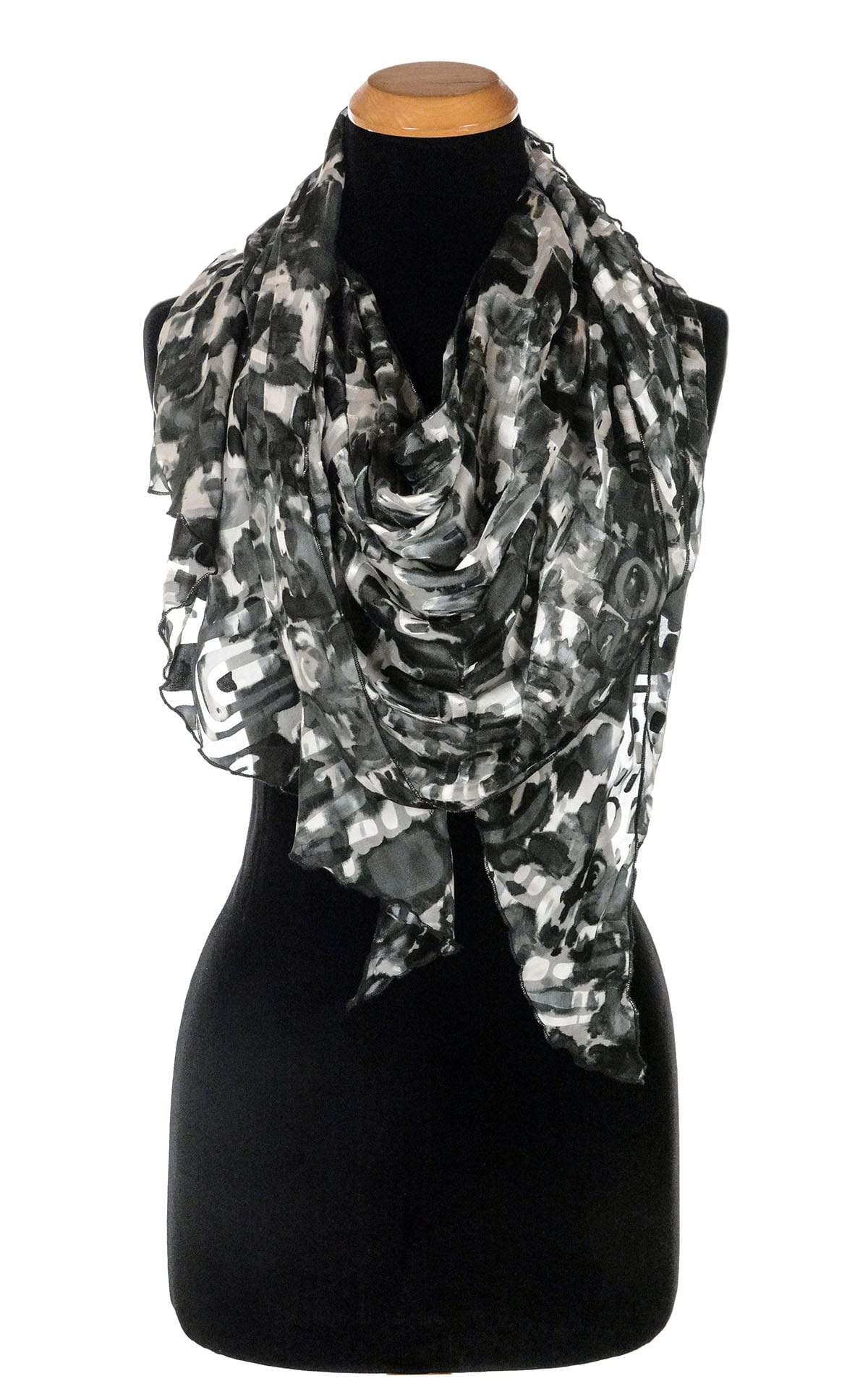 Ladies Large Handkerchief Scarf, Wrap in hand-painted silk on a mannequin | Garden Path in Sand Dollar  black, Gray, and Ivory print | Handmade in Seattle WA | Pandemonium Millinery