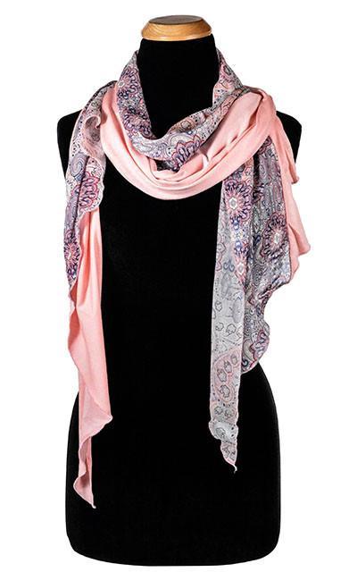 Women&#39;s Large Handkerchief Scarf, Wrap on Mannequin knotted on the side |Paisly Madness chiffon with Pink Planet Jersy Knit,  pinks, Purple, and creams | Handmade in Seattle WA | Pandemonium Millinery