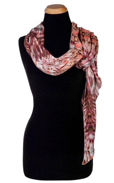 Ladies Large Handkerchief Scarf, Wrap on Mannequin knotted on the side | Pink dream cotton fabric with terra Jersy Knit, browns, pinks, coral, yellow, and creams | Handmade in Seattle WA | Pandemonium Millinery