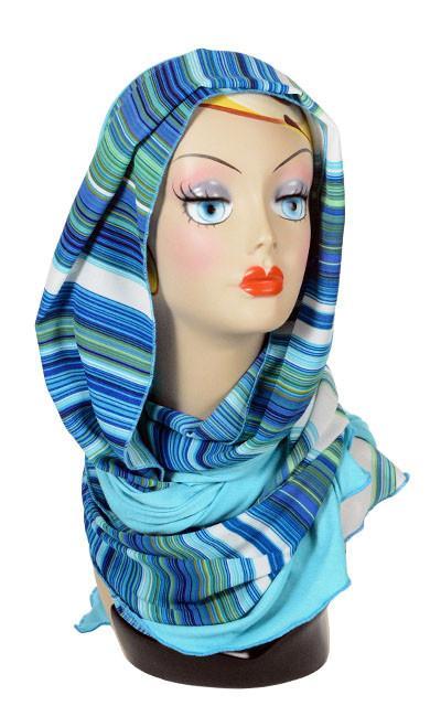 Women’s Large Handkerchief Scarf, Wrap on Mannequin shown wrapped around head  | Shown in Oceans of Emptiness Jersy knit with Sea Breeze rayon a striped pattern on blues, turquoise, greens, and ivory| Handmade in Seattle WA | Pandemonium Millinery