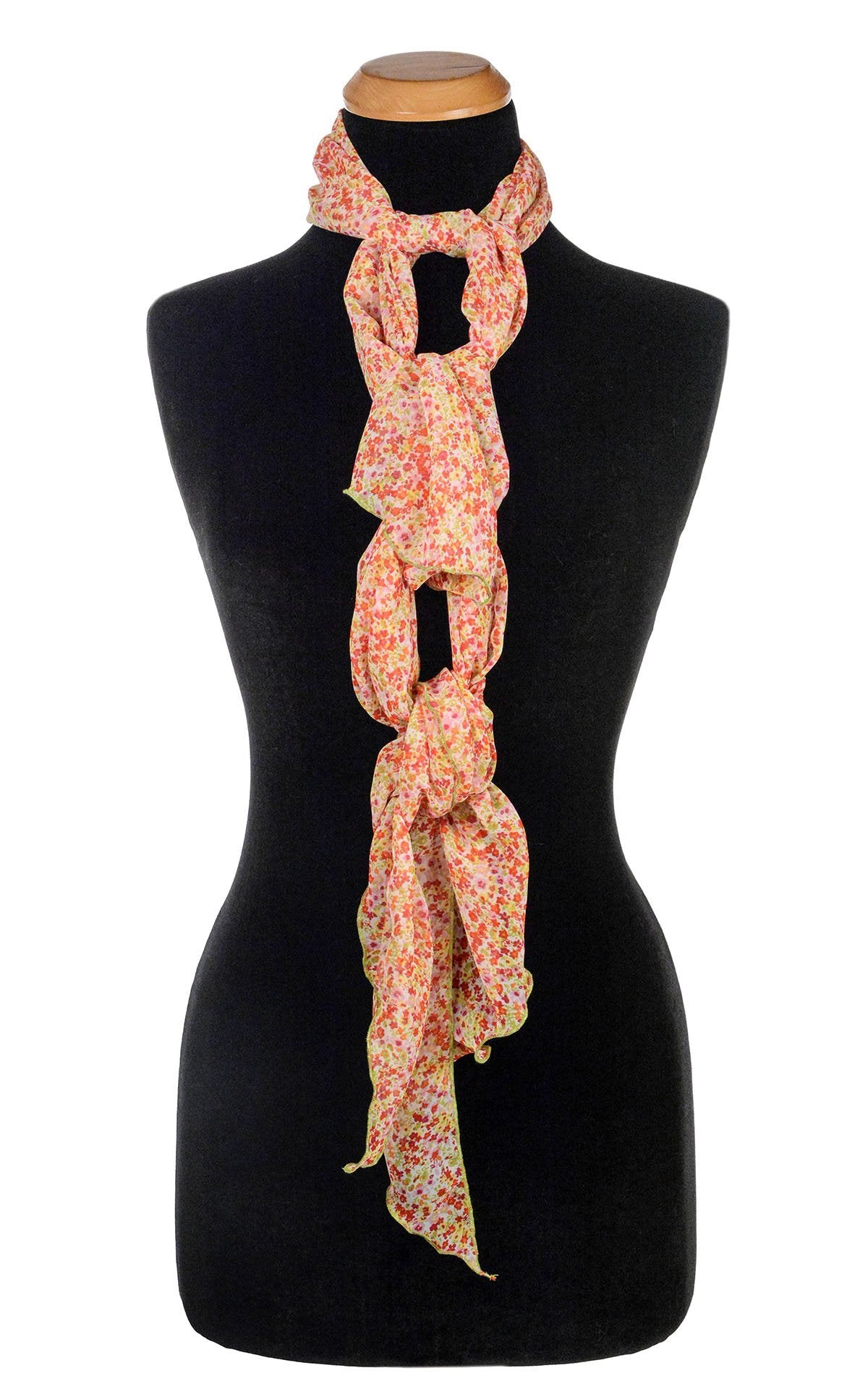 Women’s Large Handkerchief Scarf, Wrap on Mannequin shown knotted up | Summer Daze floral Chiffon, lime green, red, yellow, and cream| Handmade in Seattle WA | Pandemonium Millinery