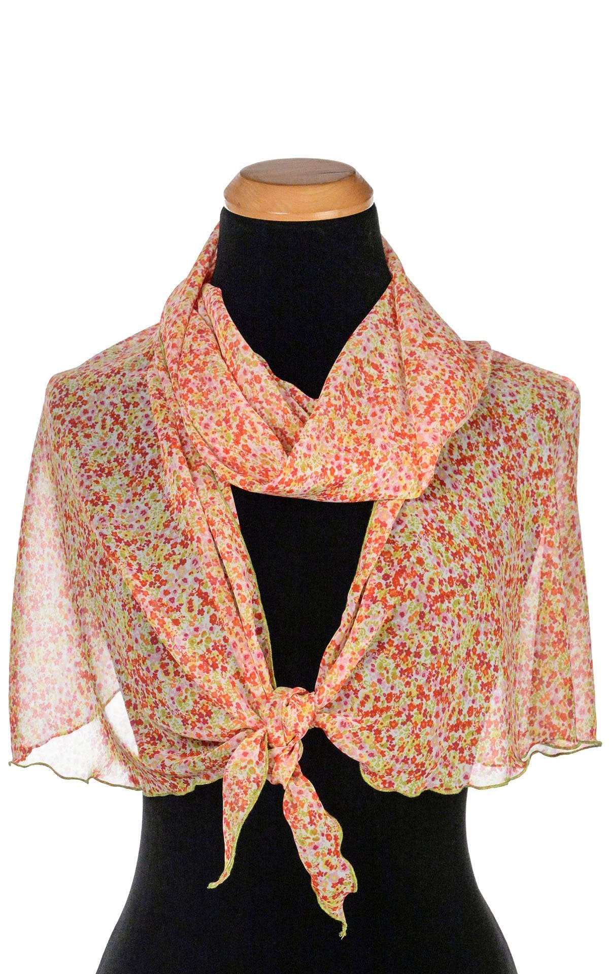 Women’s Large Handkerchief Scarf, Wrap on Mannequin shown wrapped twice | Summer Daze floral Chiffon, lime green, red, yellow, and cream| Handmade in Seattle WA | Pandemonium Millinery