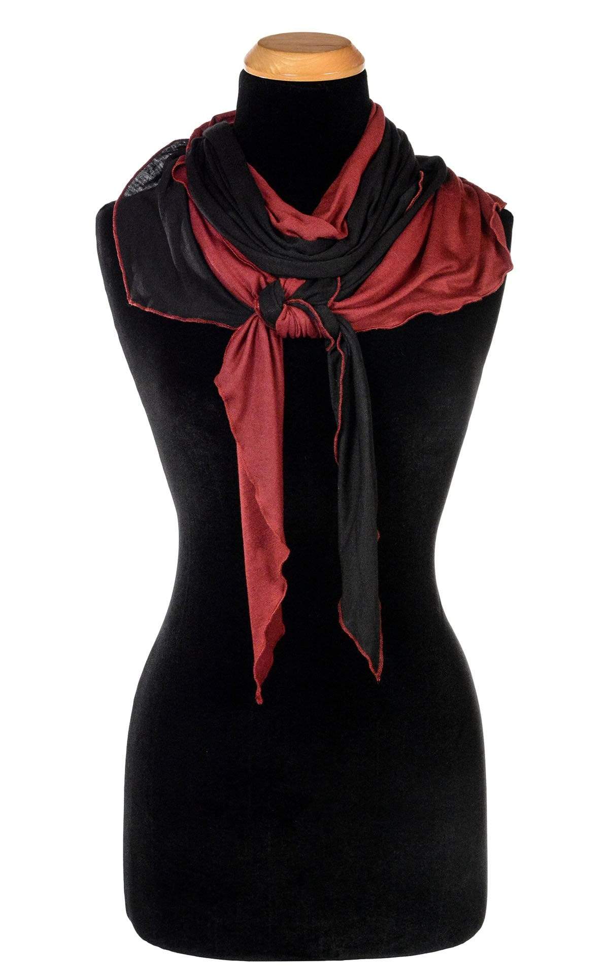 Ladies Large Handkerchief Scarf, Wrap shown tied in front  jersey knit fabric on a mannequin | Abyss W/ Blood Mooni, black and red| Handmade in Seattle WA | Pandemonium Millinery