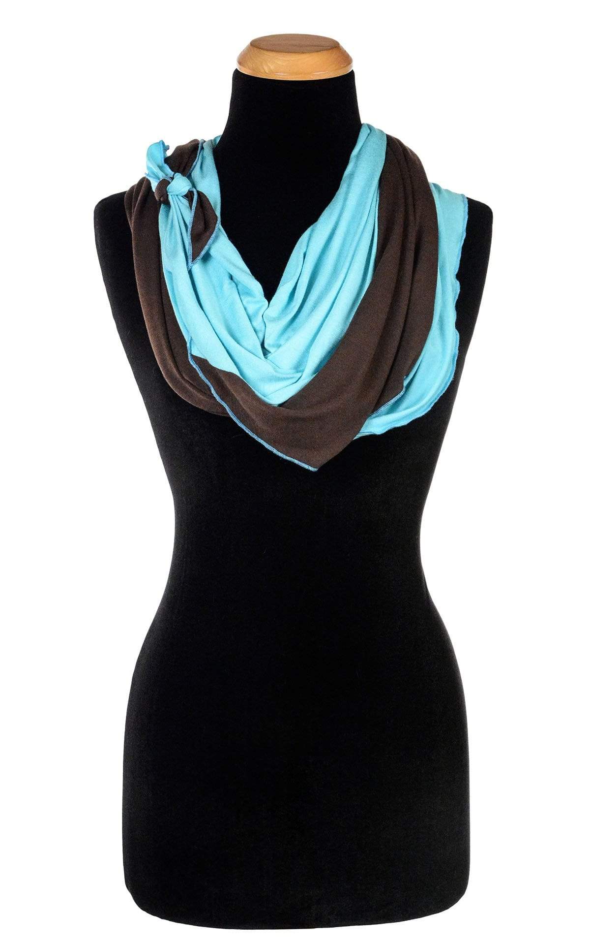 Ladies Large Handkerchief Scarf, Wrap jersey knit fabric on a mannequin wrapped twice tied on side | Terra W/ Ocean of Emptiness, Chocolate brown and Light Blue| Handmade in Seattle WA | Pandemonium Millinery