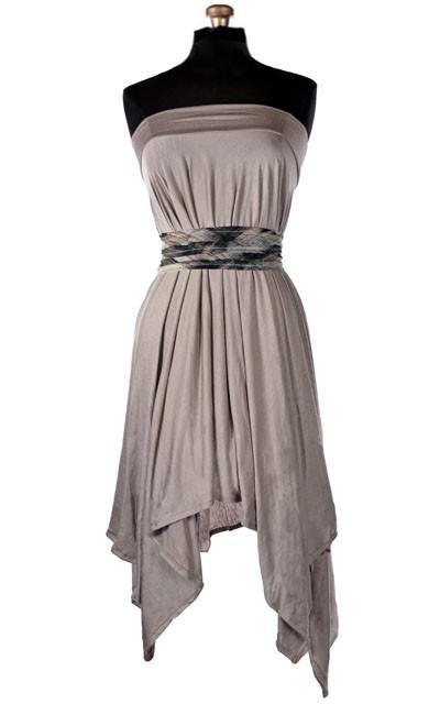 Handkerchief Skirt as a dress in Stardust Taupe Jersey Knit handmade in Seattle WA from Pandemonium Millinery USA