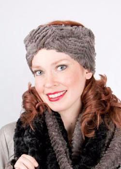 model wearing  Headband, Ear and Neck Warmer with feather trim | Chevron in Gray Faux Fur | Handmade by Pandemonium Millinery Seattle, WA USA