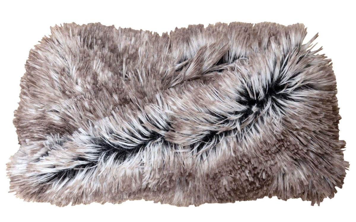 Product shot of Headband, Ear and Neck Warmer | Arctic Fox and Tan Black and Cream Faux Fur | Handmade by Pandemonium Millinery Seattle, WA USA