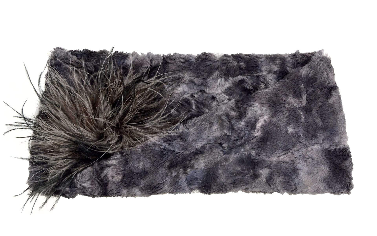 Product shot of Headband, Ear and Neck Warmer with feather trim | Highland in Skye, Blue and Gray Faux Fur | Handmade by Pandemonium Millinery Seattle, WA USA