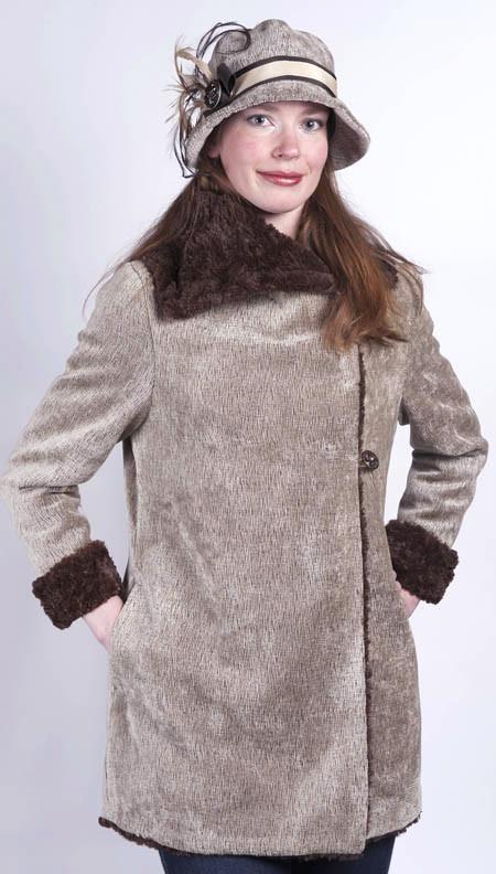 Model wearing Hepburn Swing Coat with matching Grace Cloche Hat | Bongo Beige and Brown Upholstery fabric with Cuddly Chocolate Faux  Fur | Handmade in Seattle WA | By Pandemonium Millinery