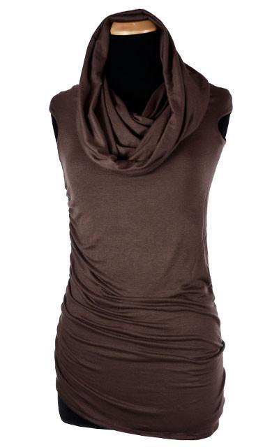 Product shot of Hooded Cowl Top a This top can be worn as a cowl neck, off-shoulder, or hooded style. | Chocolate Brown a lightweight jersey knit | Handmade in Seattle WA | Pandemonium Millinery