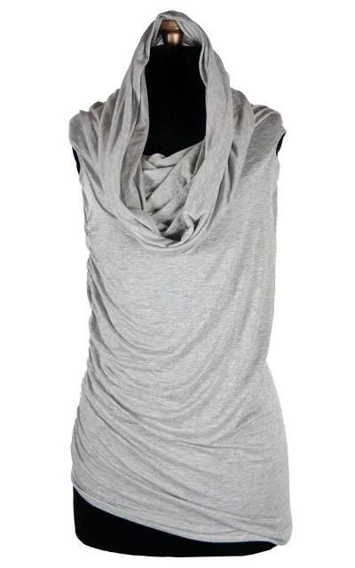 Product shot of Hooded Cowl Top a This top can be worn as a cowl neck, off-shoulder, or hooded style. | Silvery Moon a lightweight Light Gray jersey knit | Handmade in Seattle WA | Pandemonium Millinery