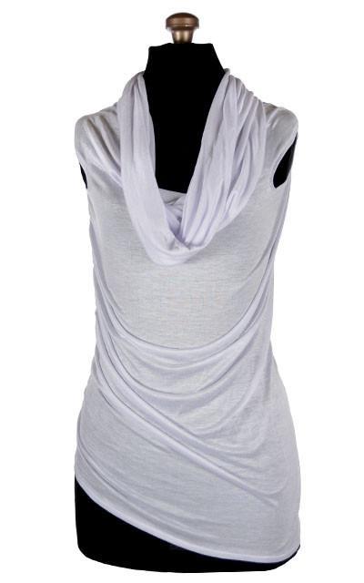 Product shot of Hooded Cowl Top a This top can be worn as a cowl neck, off-shoulder, or hooded style. | Milky Way a lightweight White jersey knit | Handmade in Seattle WA | Pandemonium Millinery