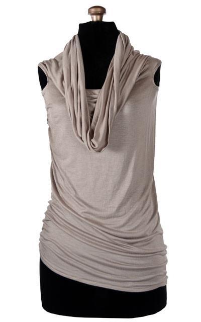 Product shot of Hooded Cowl Top a This top can be worn as a cowl neck, off-shoulder, or hooded style. | Stardust a lightweight Tan jersey knit | Handmade in Seattle WA | Pandemonium Millinery