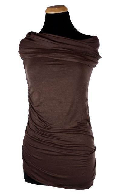 Product shot of Hooded Cowl Top a This top can be worn as a cowl neck, off-shoulder, or hooded style. | Chocolate Brown a lightweight jersey knit | Handmade in Seattle WA | Pandemonium Millinery
