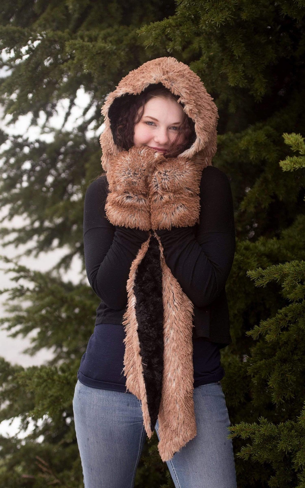 woman with mittens in a Pandemonium Millinery Hoody Scarf - Red Fox Faux Fur with Cuddly Fur Scarves