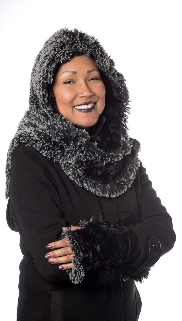 Pandemonium Millinery Hoody Scarf - Chevron Faux Fur with Cuddly Fur Black (Limited Availability) Chevron Gray / Black