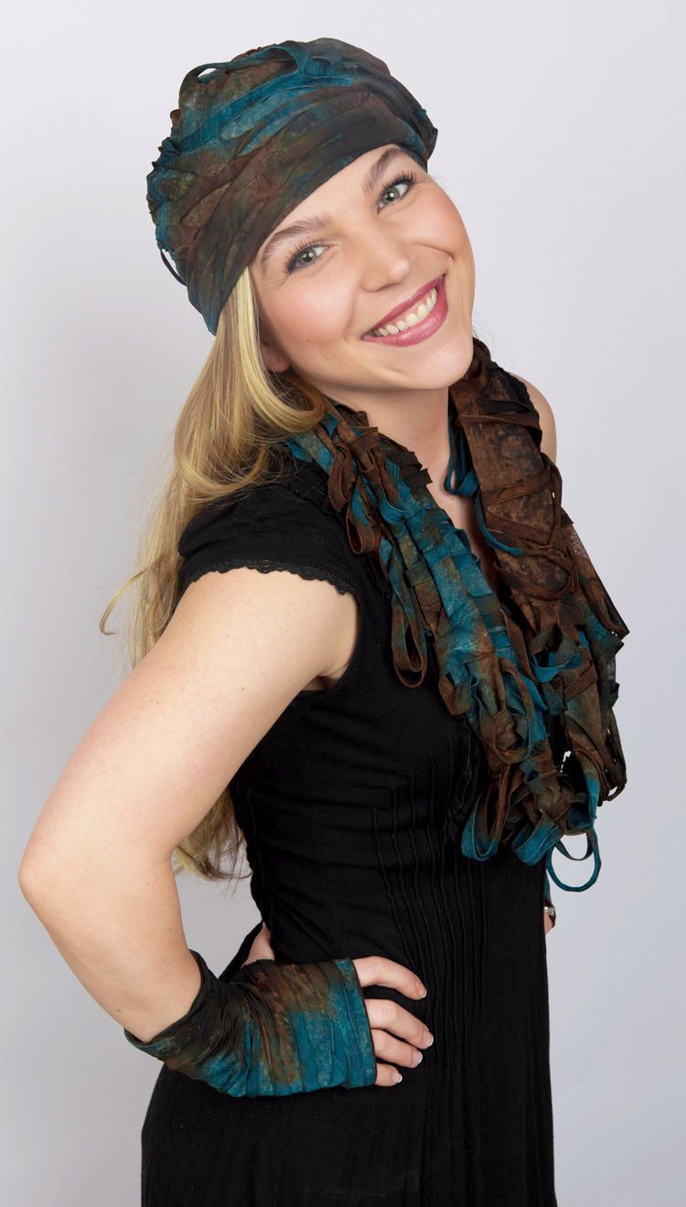 Model wearing Fingerless Gloves and Rowdie slouchy hat with matching Infinity loop Scarf in Andromeda on mannequin | tie-dye knit with a top layer of embossing and tendrils in black and grays| handmade in Seattle, WA USA by Pandemonium Millinery
