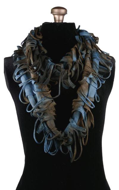 Infinity loop Scarf in Stratosphere on mannequin | tie-dye knit with a top layer of embossing and tendrils in blue and chocolate brown | handmade in Seattle, WA USA by Pandemonium Millinery