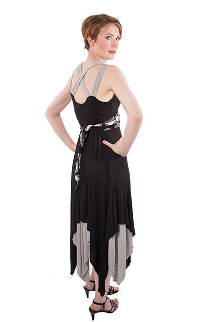 back view of woman wearing Lilium Dress in Abyss Black with Silvery Moon Jersey Knit with a sash handmade in Seattle WA from Pandemonium Millinery USA