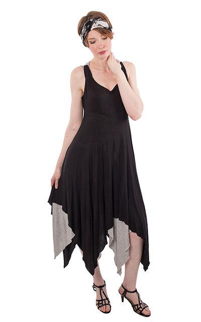 woman wearing Lilium Dress in Abyss Black with Silvery Moon Jersey Knit handmade in Seattle WA from Pandemonium Millinery USA