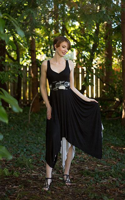 woman outside wearing Lilium Dress in Abyss Black with Silvery Moon Jersey Knit handmade in Seattle WA from Pandemonium Millinery USA