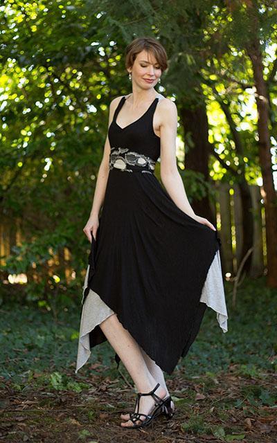 woman wearing Lilium Dress, Reversible in Black and Gray Apparel Pandemonium Millinery