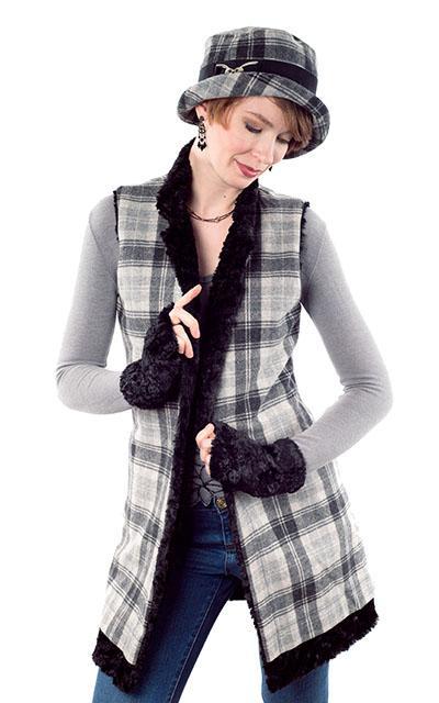Woman wearing Mandarin Vest, Reversible less pockets - Wool Plaid in Twilight with Cuddly Black Pandemonium Millinery