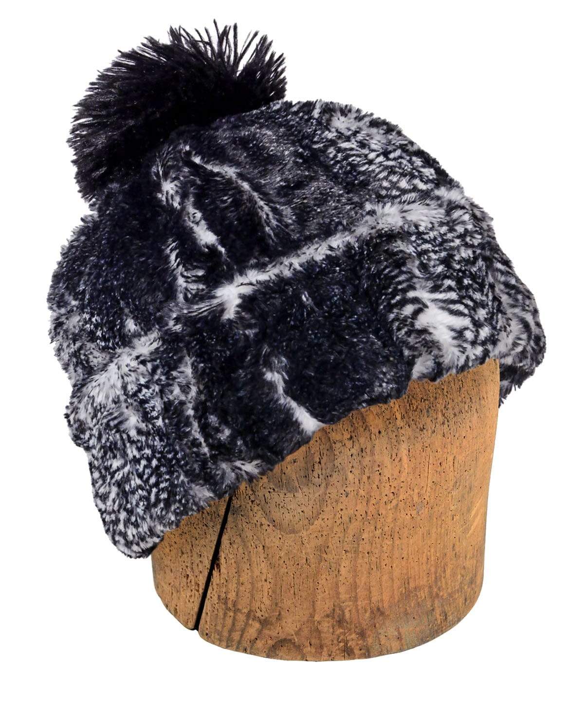 Men&#39;s Beanie Hat with Black Pom | Black Mamba, Black and White Snake print Faux Fur | Handmade in the USA by Pandemonium Seattle