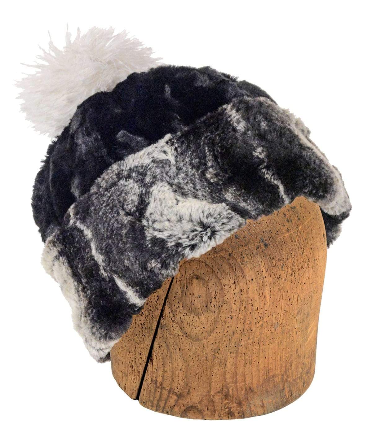 Men&#39;s Beanie Hat with Sand Pom, Reversed | Honey Badger, Black and Cream Faux Fur | Handmade in the USA by Pandemonium Seattle