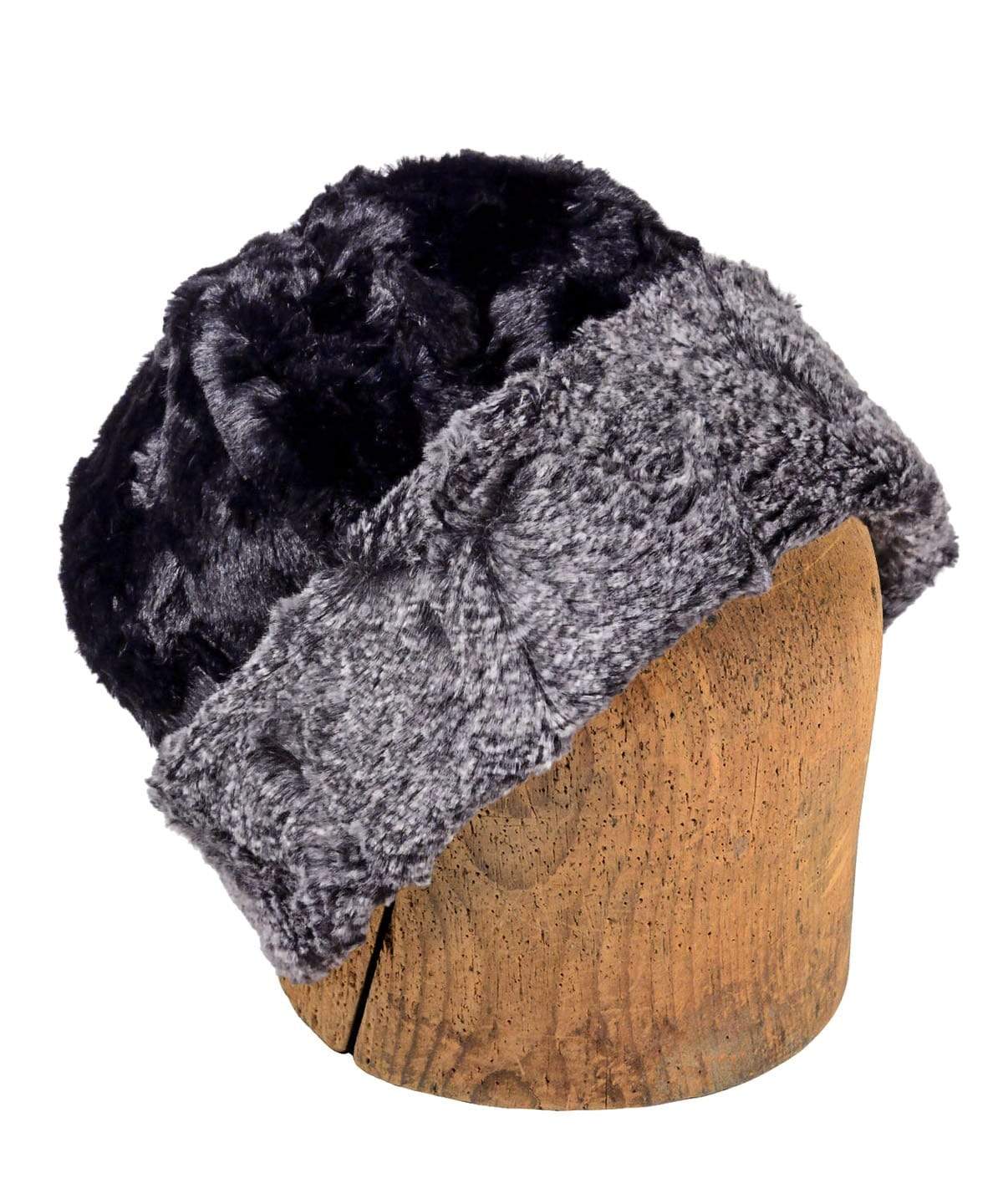 Men&#39;s Beanie Hat, reversed | Nimbus Faux Fur with Cuddly Black | Handmade in Seattle, WA by Pandemonium Millinery USA