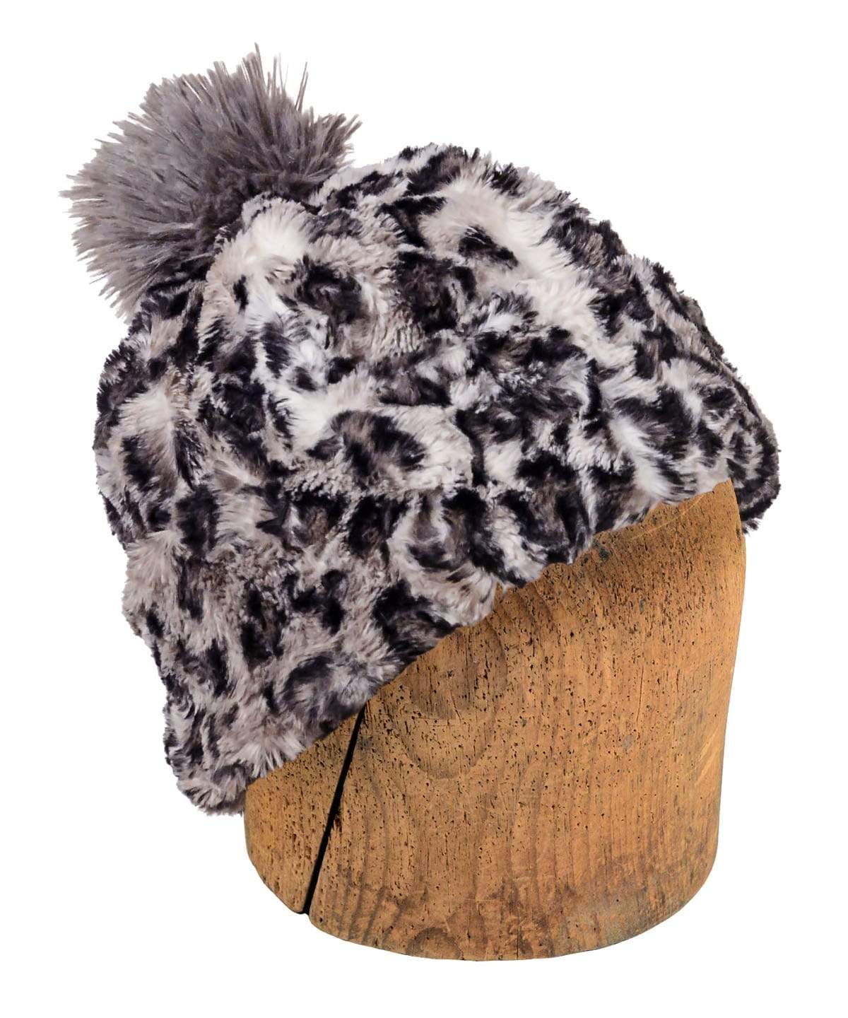 Men&#39;s Beanie Hat with Gray Pom | Savannah Cat Gray and Black Animal PrintFaux Fur | Handmade in the USA by Pandemonium Seattle