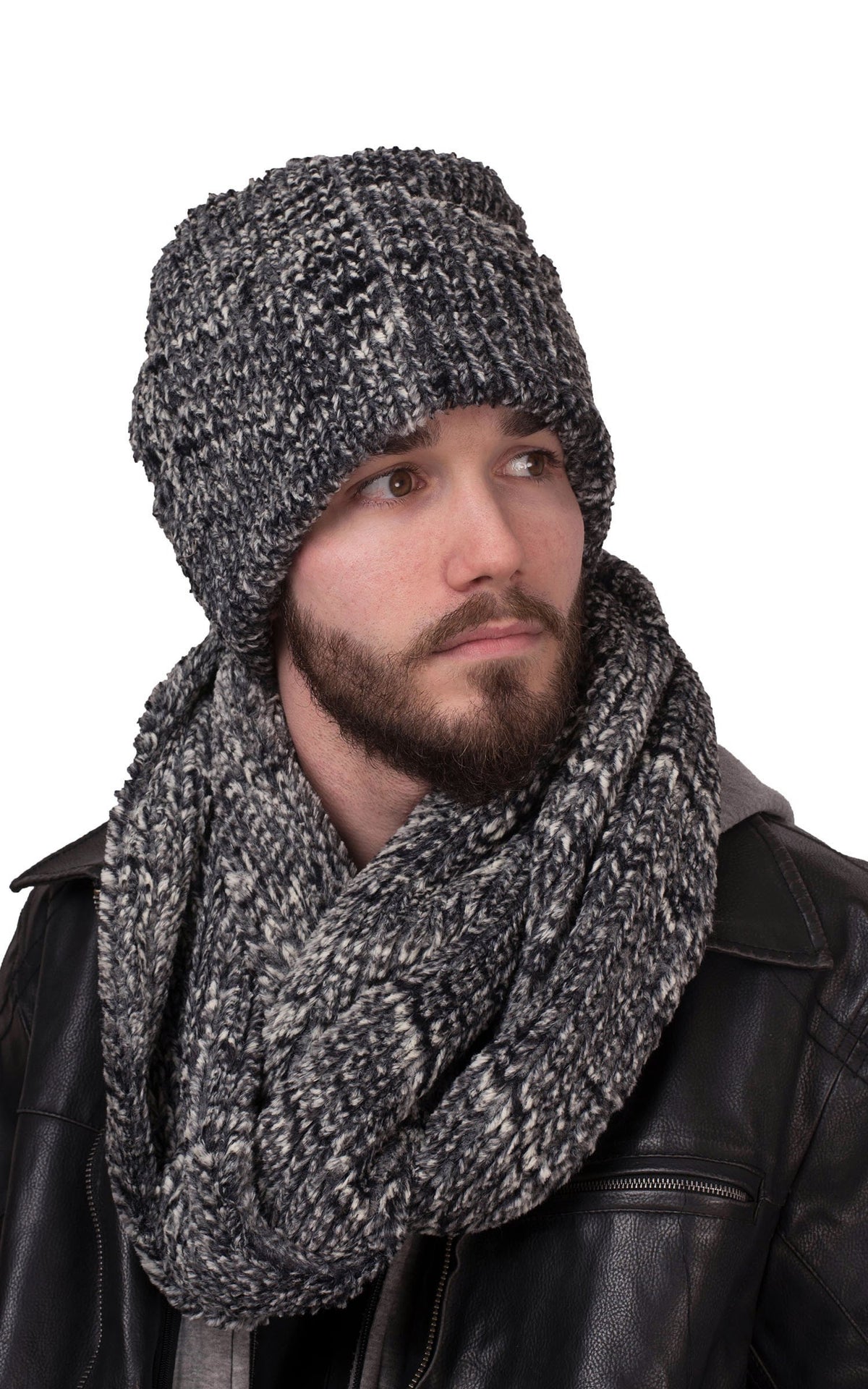Men&#39;s wearing Infinity Scarf | Cozy Cable in Ash Faux Fur, Black and White | Handmade in Seattle WA Pandemonium Millinery