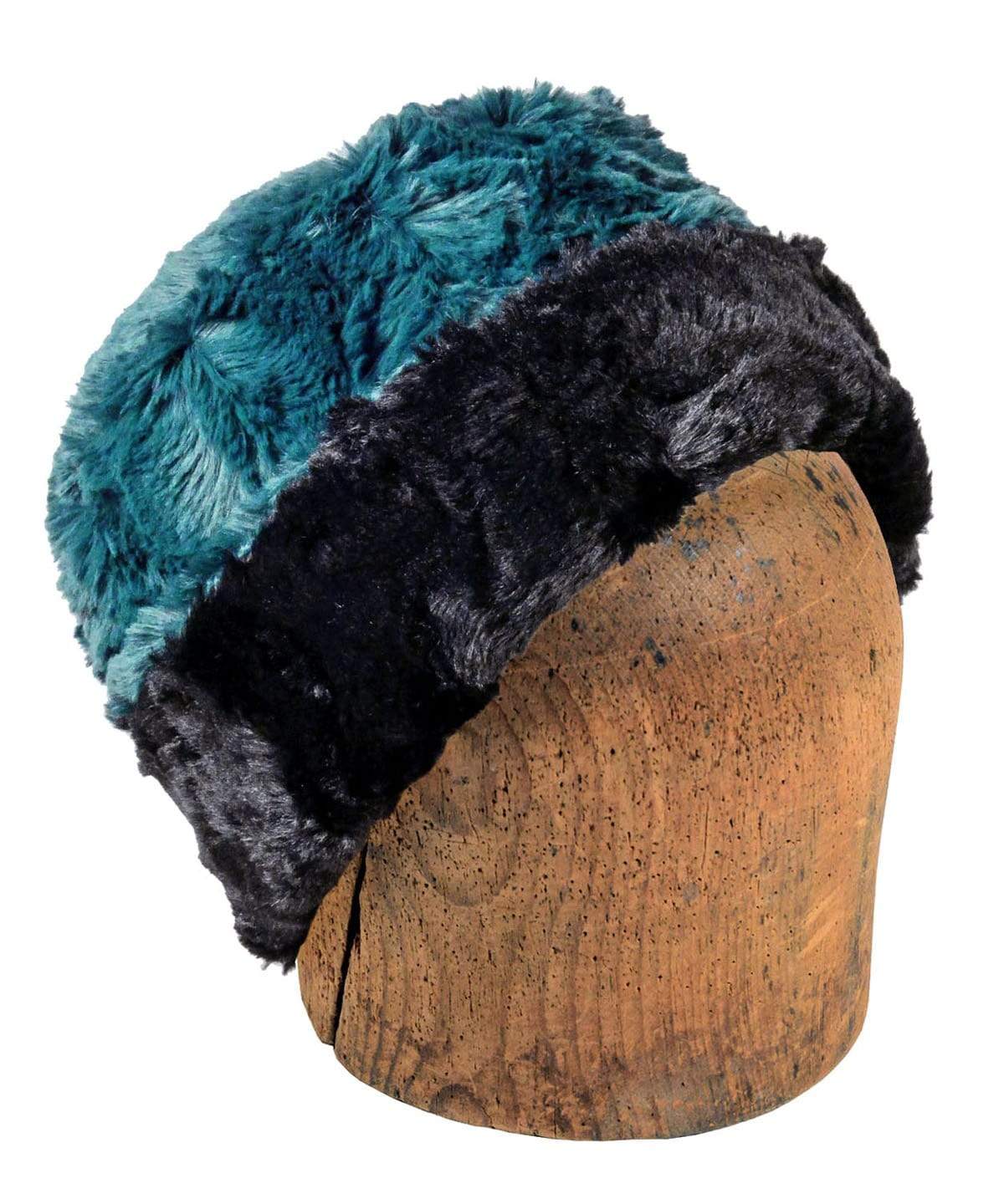 Men&#39;s 2Tone Cuffed Pillbox | Peacock Pond and Cuddly Faux Fur in Black Faux Fur | Handmade in Seattle WA | By Pandemonium Seattle