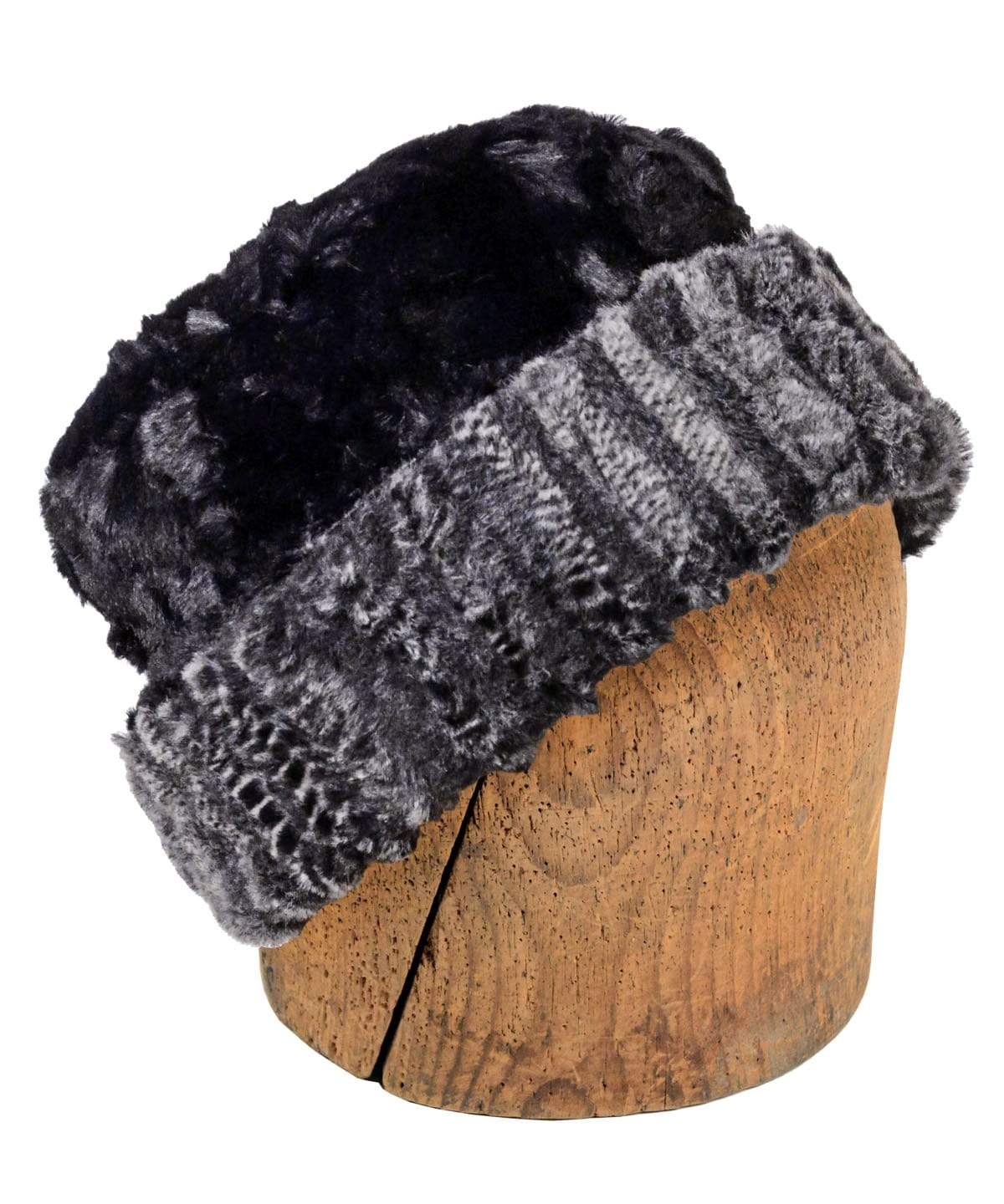 Men&#39;s Cuffed Pillbox Two-Tone, reverse | Rattle N Shake Luxury Faux Fur with Cuddly Black | Handmade in Seattle, WA by Pandemonium Millinery USA
