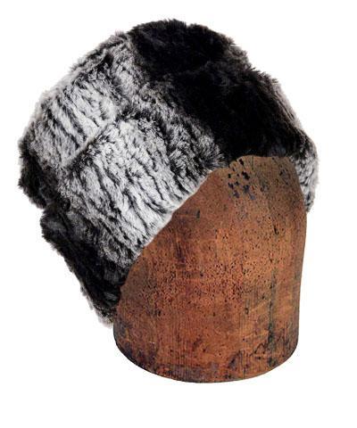 Men's 2-tone Cuffed Pillbox, Reversed | Smouldering Sequoia, Black and White vertical Stripe Faux Fur with Cuddly Black Faux Fur | Handmade in Seattle WA | By Pandemonium Millinery USA