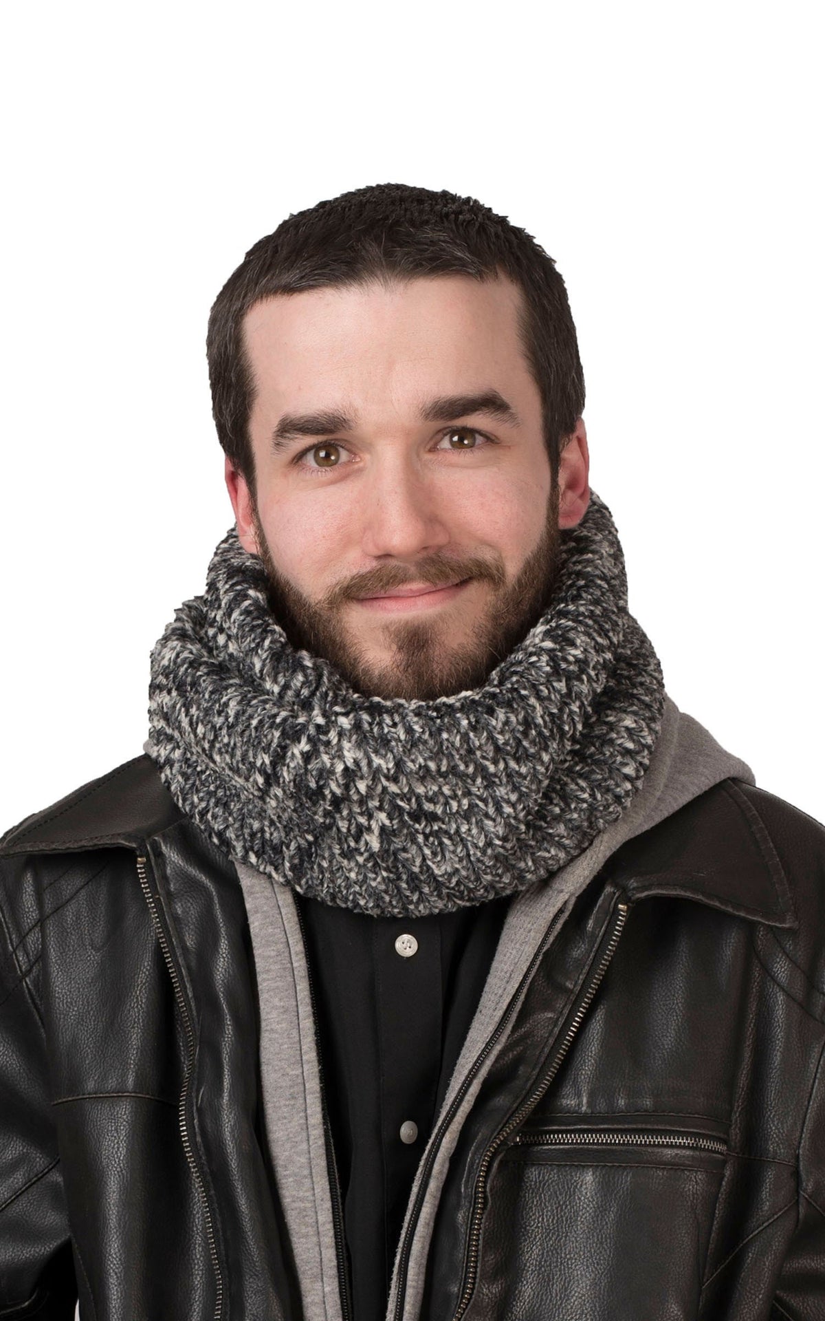Smiling modeling wearing a  Neck Warmer For men  | Cozy Cable Black and White Faux Fur | Handmade in the USA by Pandemonium Seattl