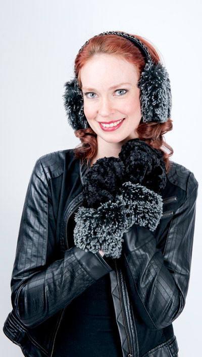 Model wearing earmuffs and Mittens. Gauntlets, Mitts | Cuddly Black with Black Fox Cuff in Faux Fur | Handmade by Pandemonium Millinery Seattle, WA USA