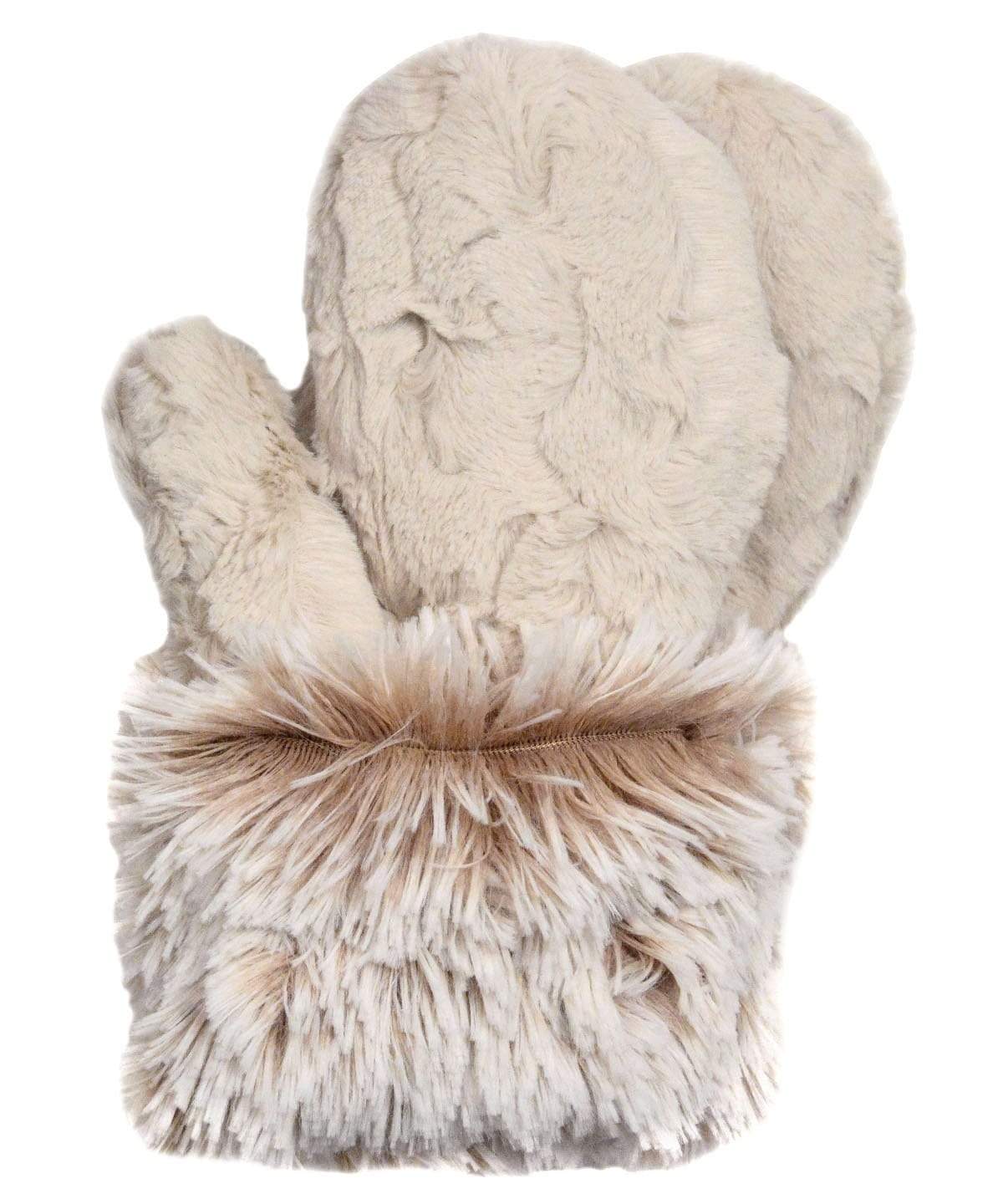 Women’s Product shot of Mittens. Gauntlets,  Mitts | Cuddly Sand with Foxy Beach Cuff in Faux Fur | Handmade by Pandemonium Millinery Seattle, WA USA