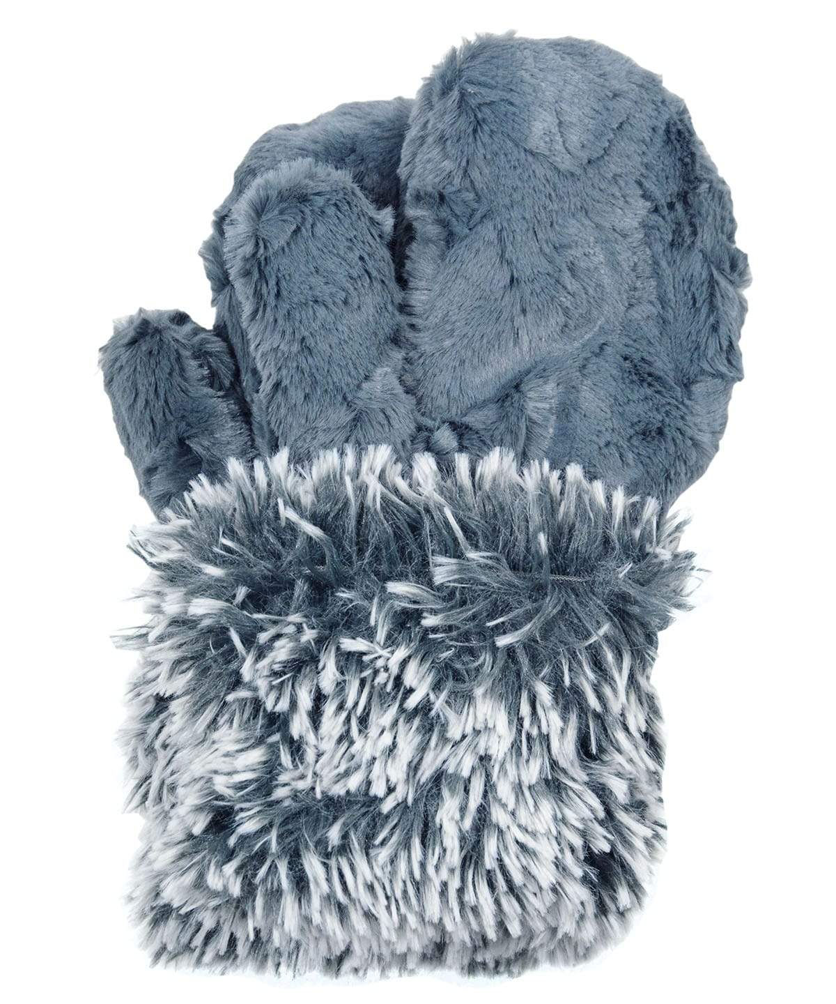 Women’s Product shot of Mittens. Gauntlets,  Mitts | Cuddly Slate with Blue Steel Fox Cuff in Faux Fur | Handmade by Pandemonium Millinery Seattle, WA USA