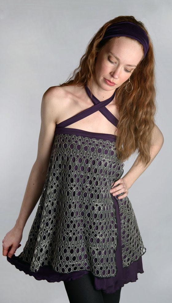 Multi-Wrap shown on Model in Criss Cross Strap Dress View | Lunar Landing with Purple Haze Jersey Knit   | Handmade by Pandemonium Millinery | Seattle WA USA