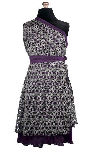 Multi-Wrap Skirt shown on Mannequin like One Shoulder Strap dress| Lunar Landing with Purple Haze Jersey Knit | Handmade by Pandemonium Millinery | Seattle WA USA