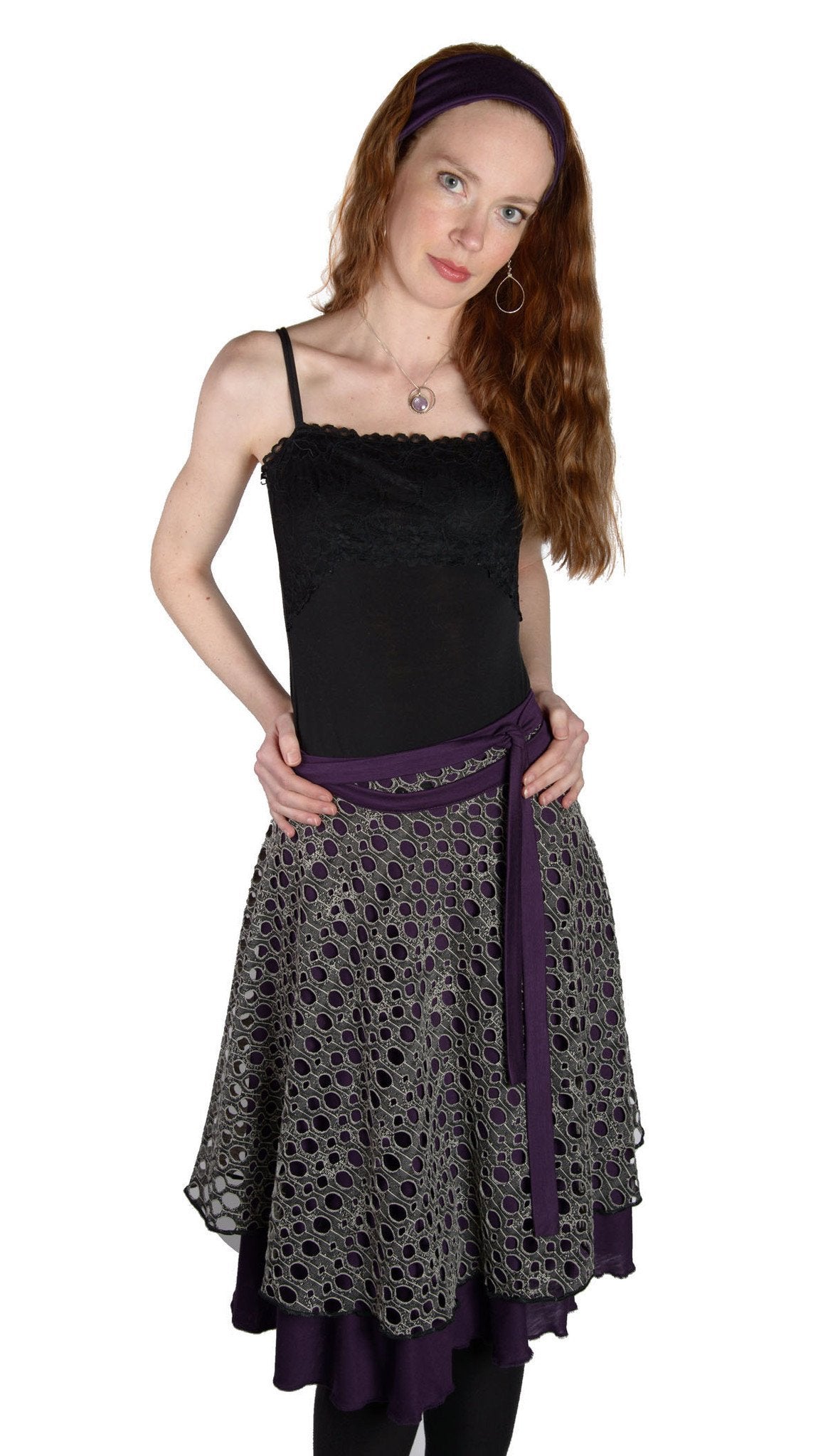 woman wearing Multi-Wrap as a skirt | Lunar Landing with Purple Haze Jersey Knit | Handmade in the USA by Pandemonium Seattle